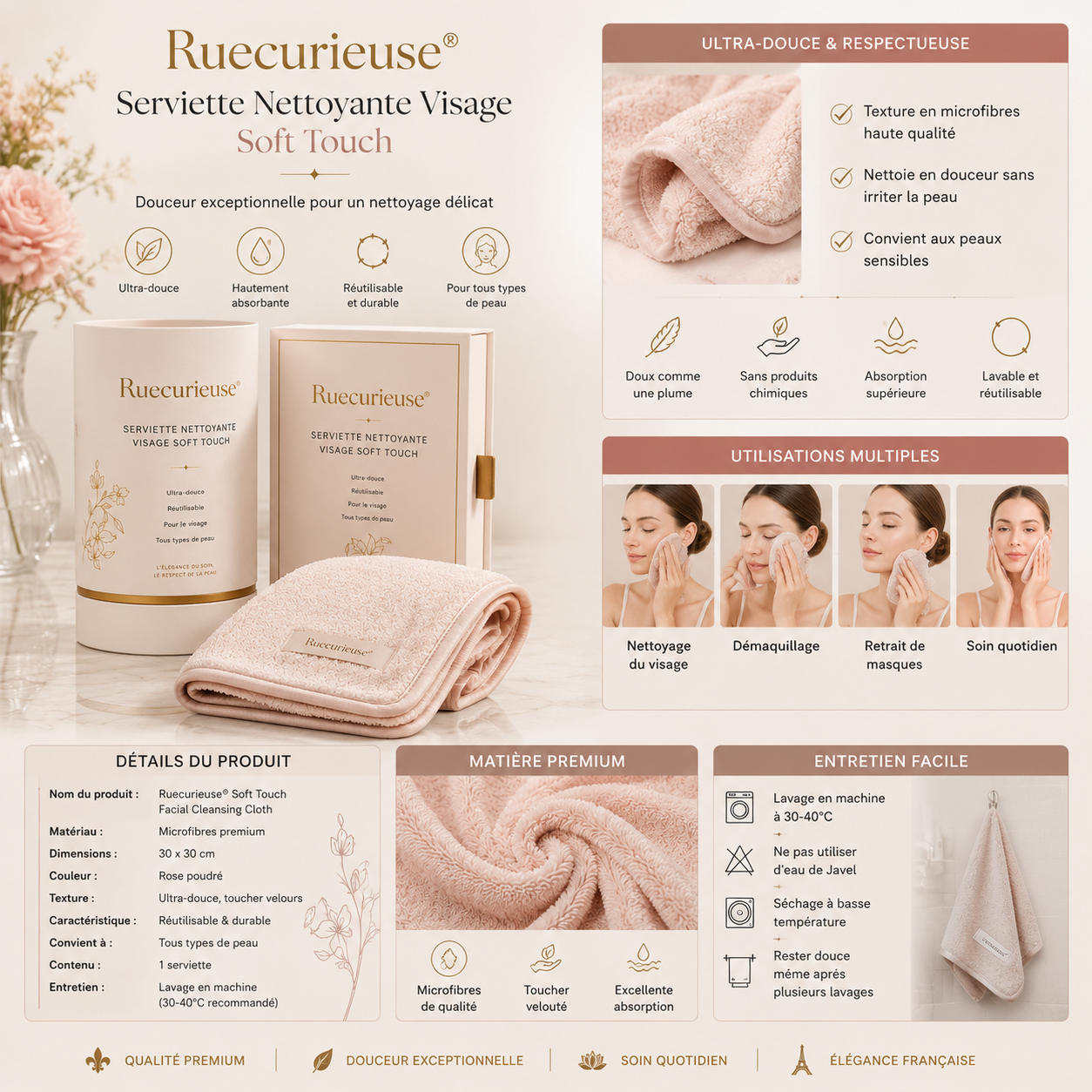 Ruecurieuse® Serviette Nettoyante Visage Soft Touch