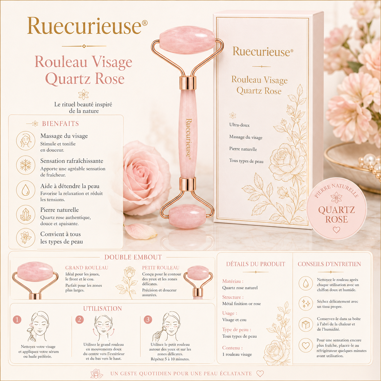 Ruecurieuse® Rouleau Visage Quartz Rose