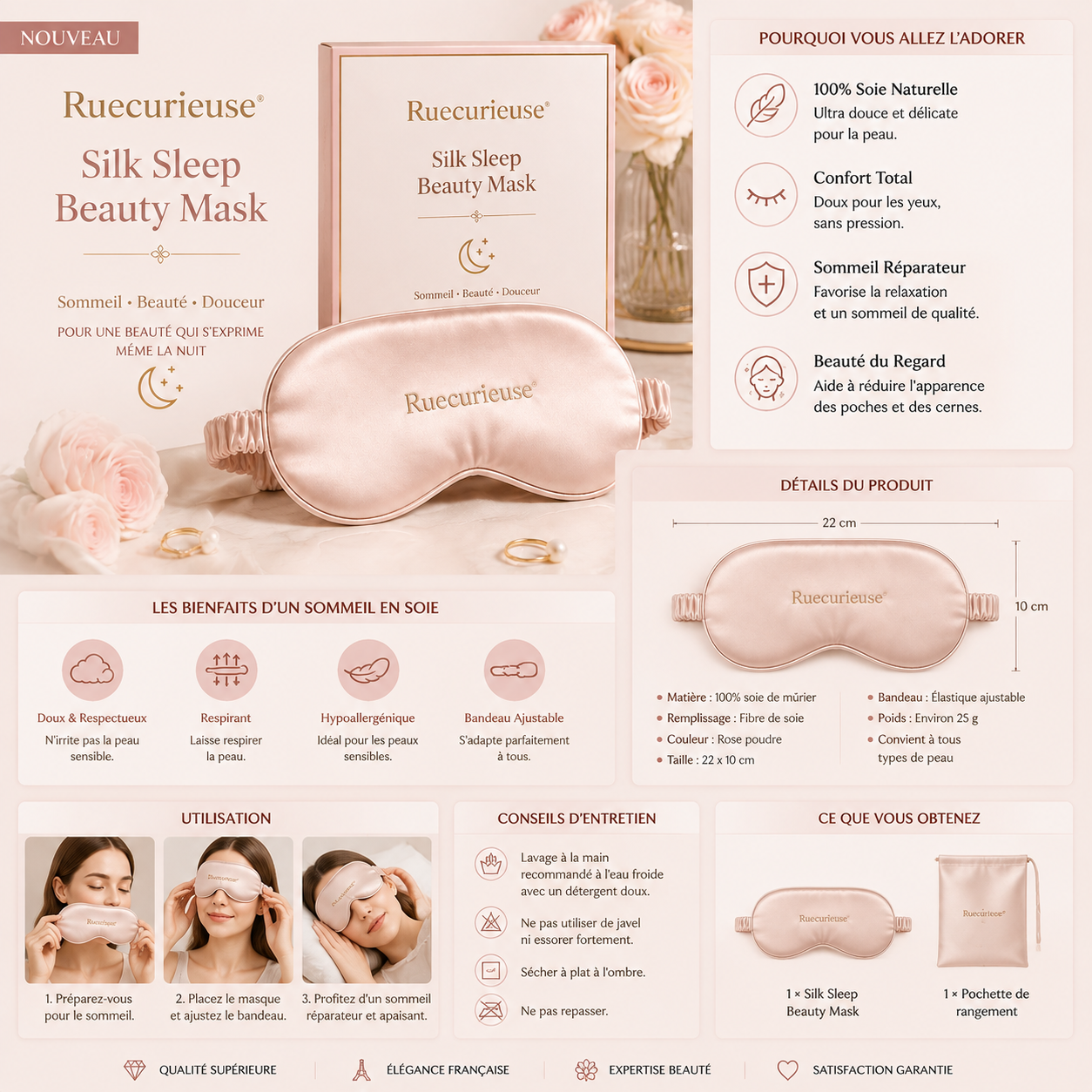 Ruecurieuse® Masque de Sommeil Beauté en Soie