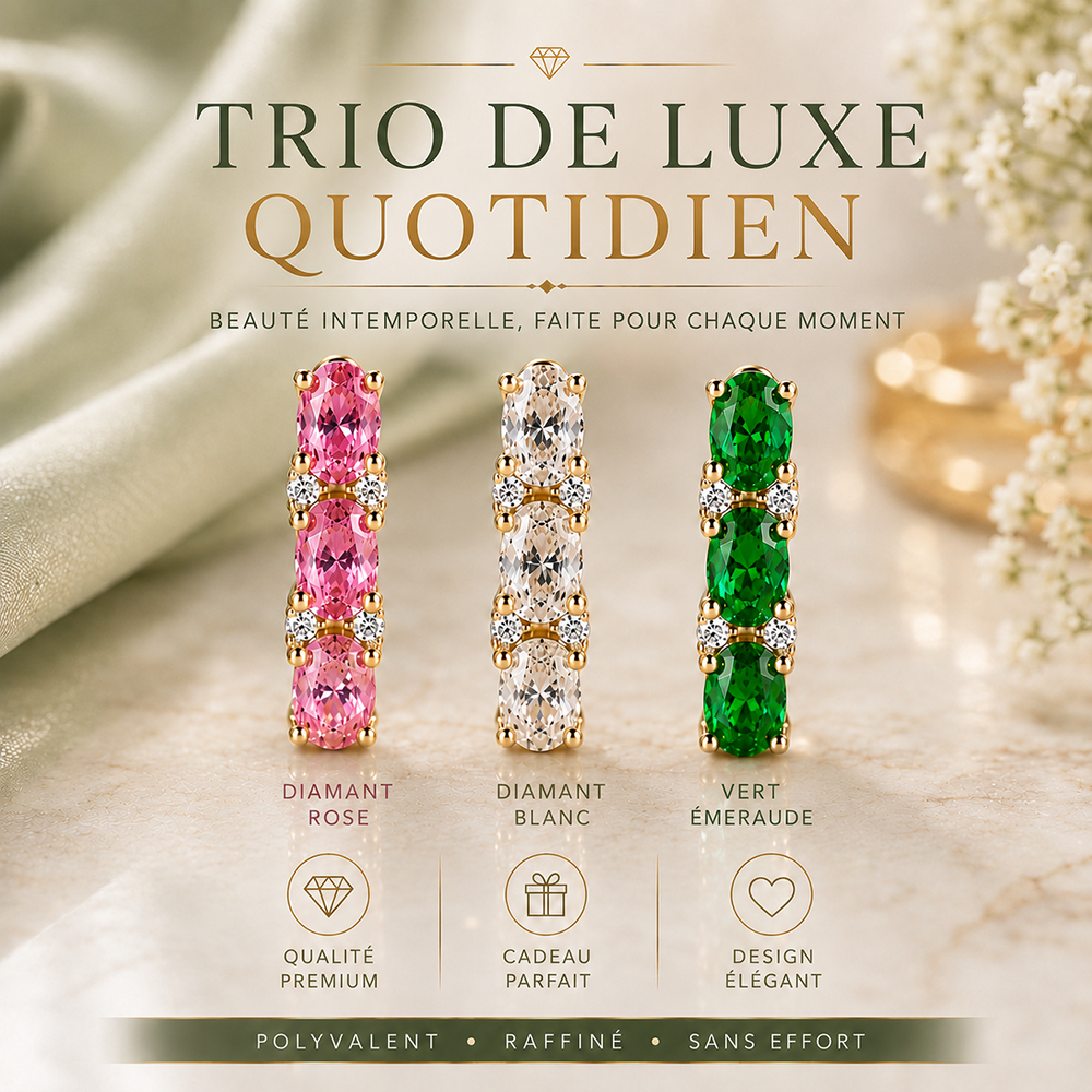 ✨ 3 Paires 💎 Rose Quartz • Blanc Diamant • Vert Émeraude