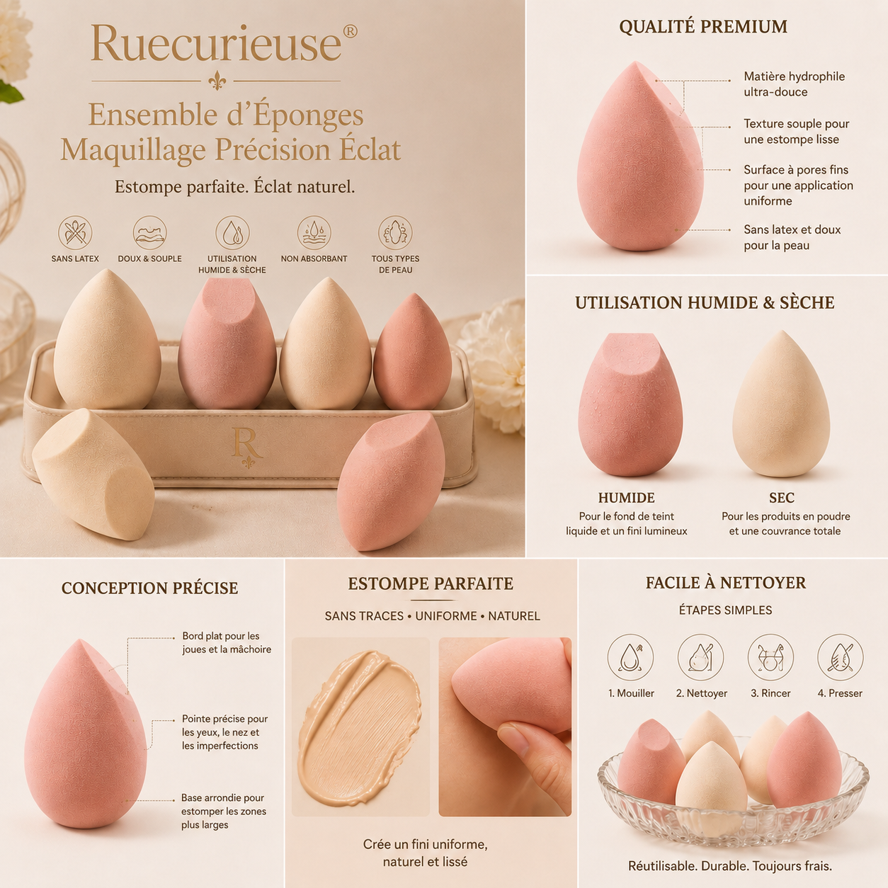 Ruecurieuse® Ensemble d’Éponges de Maquillage Precision Glow