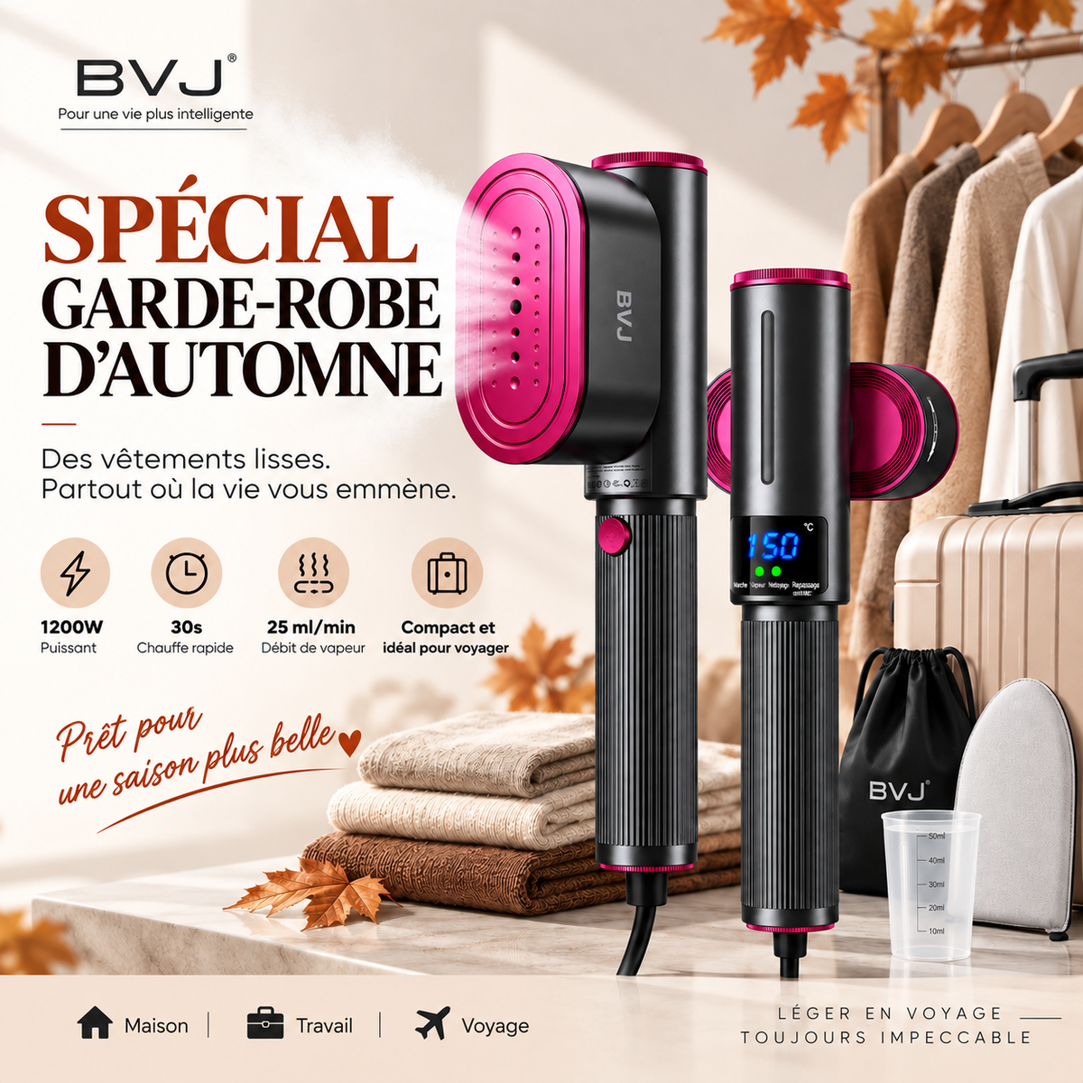 🔥 𝑫𝑬𝑹𝑵𝑰𝑬𝑹 𝑱𝑶𝑼𝑹 – 50 % 𝑫𝑬 𝑹É𝑫𝑼𝑪𝑻𝑰𝑶𝑵 🔥 Défroisseur & Fer à Vapeur 2-en-1 1200W – Chauffe Rapide, Compact & Idéal pour le Voyage