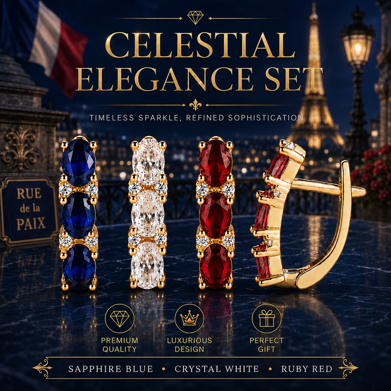 ✨ 3 Paires 💎 Bleu Saphir•  Blanc Diamant • Rouge Rubis