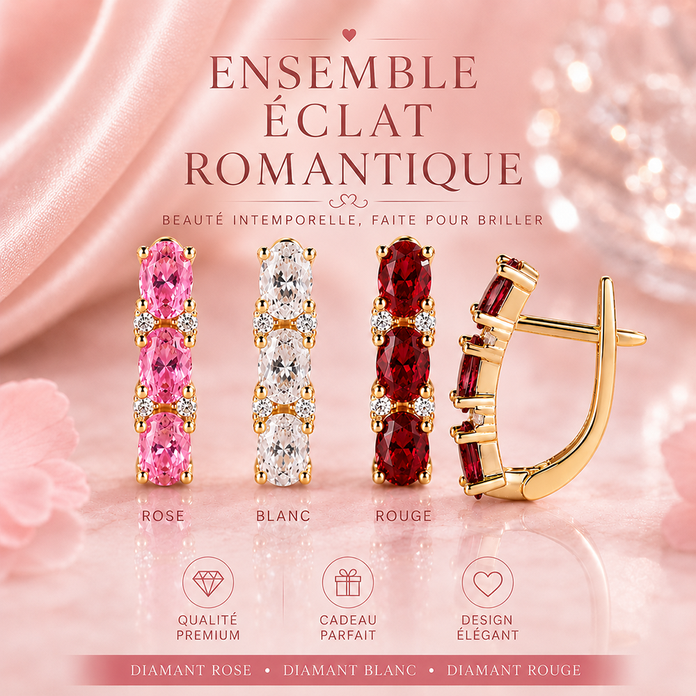✨ 3 Paires 💎 Rose Quartz • Blanc Diamant • Rouge Rubis